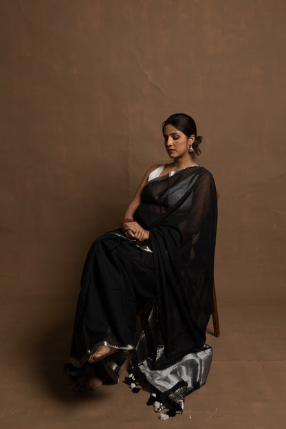 Black beauty I Black handloom cotton saree with silver zari border