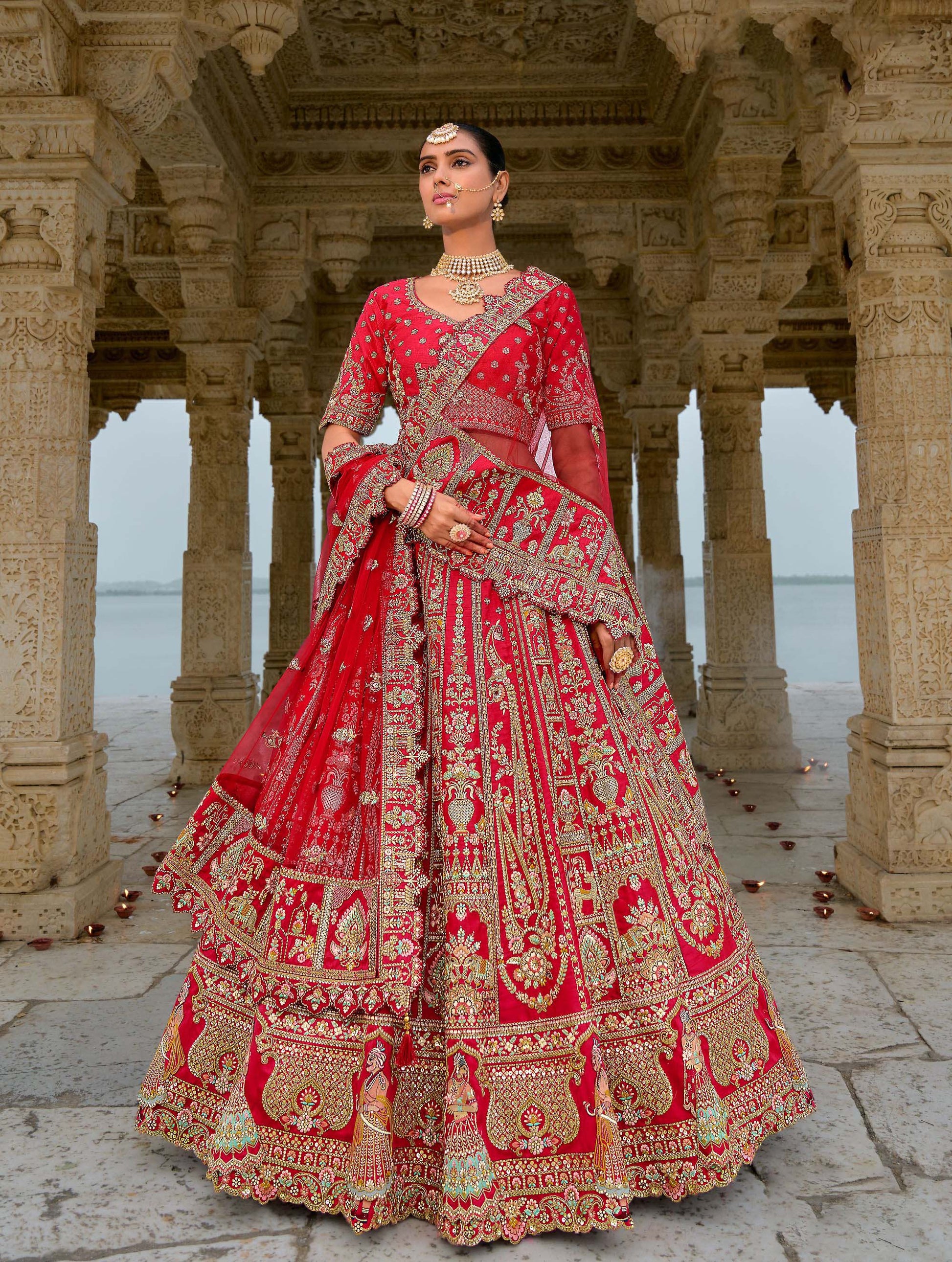 Bridal Red Heavy Zari and Dori Embroidery Silk Bridal Lehenga -AA