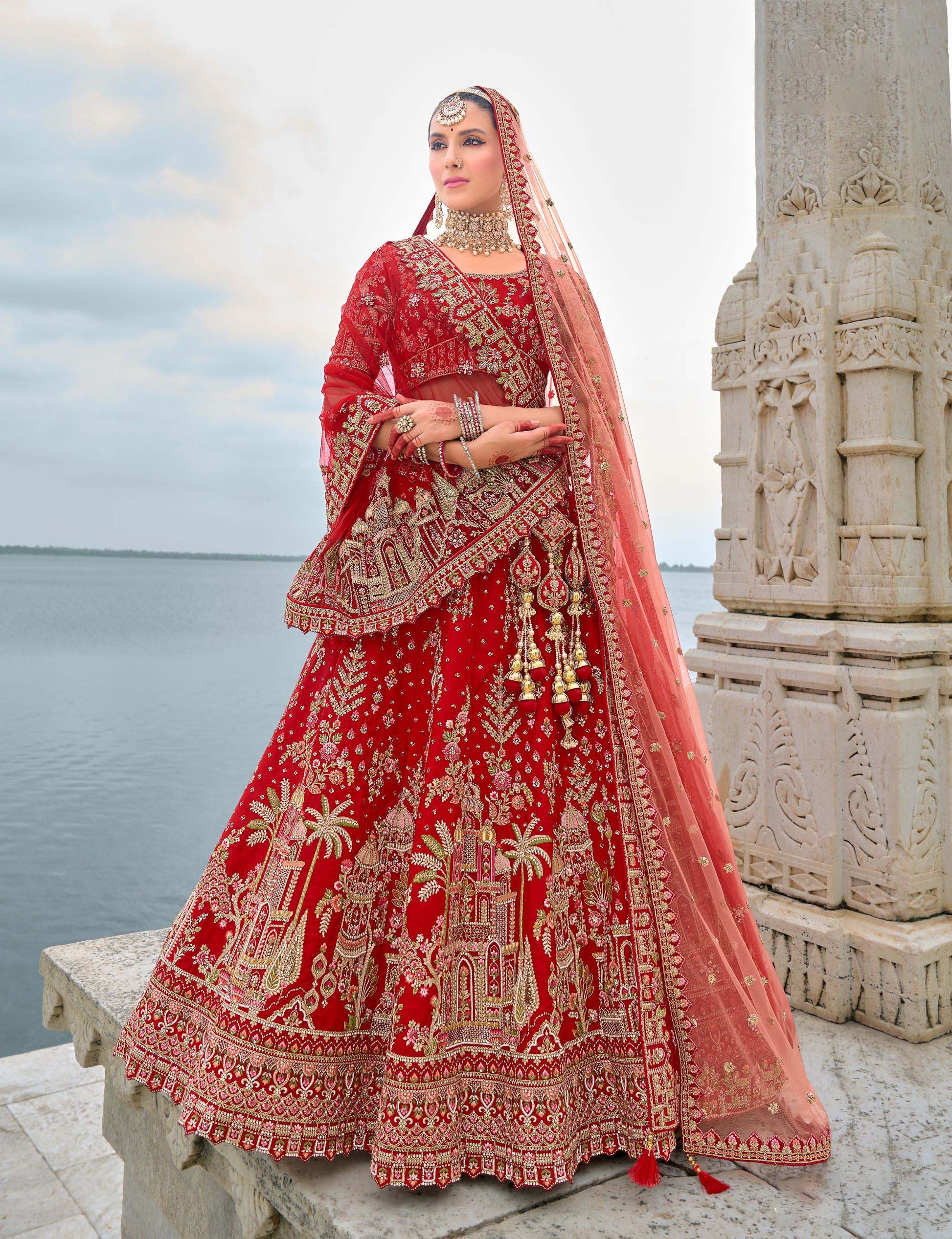 Bright Red Heavy Zari and Sequins Embroidery Silk Bridal Lehenga