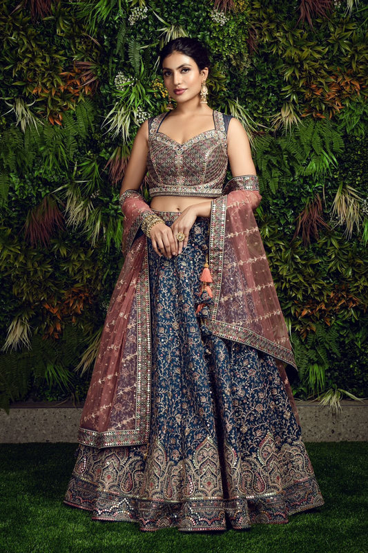 Navy Blue Sequence Embroidery Silk Lehenga for Sangeet C001