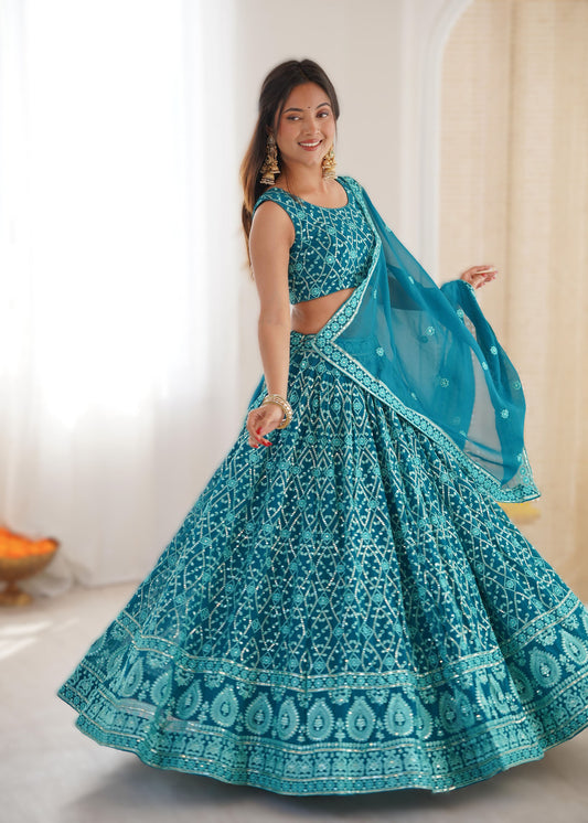 Blue Faux Georgette Sequins & Thread Embroidered Sangeet Lehenga
