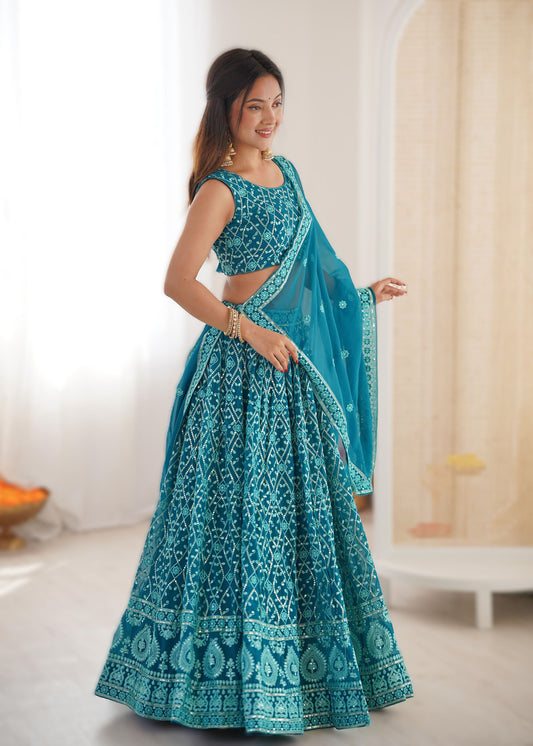 Blue Faux Georgette Sequins & Thread Embroidered Sangeet Lehenga