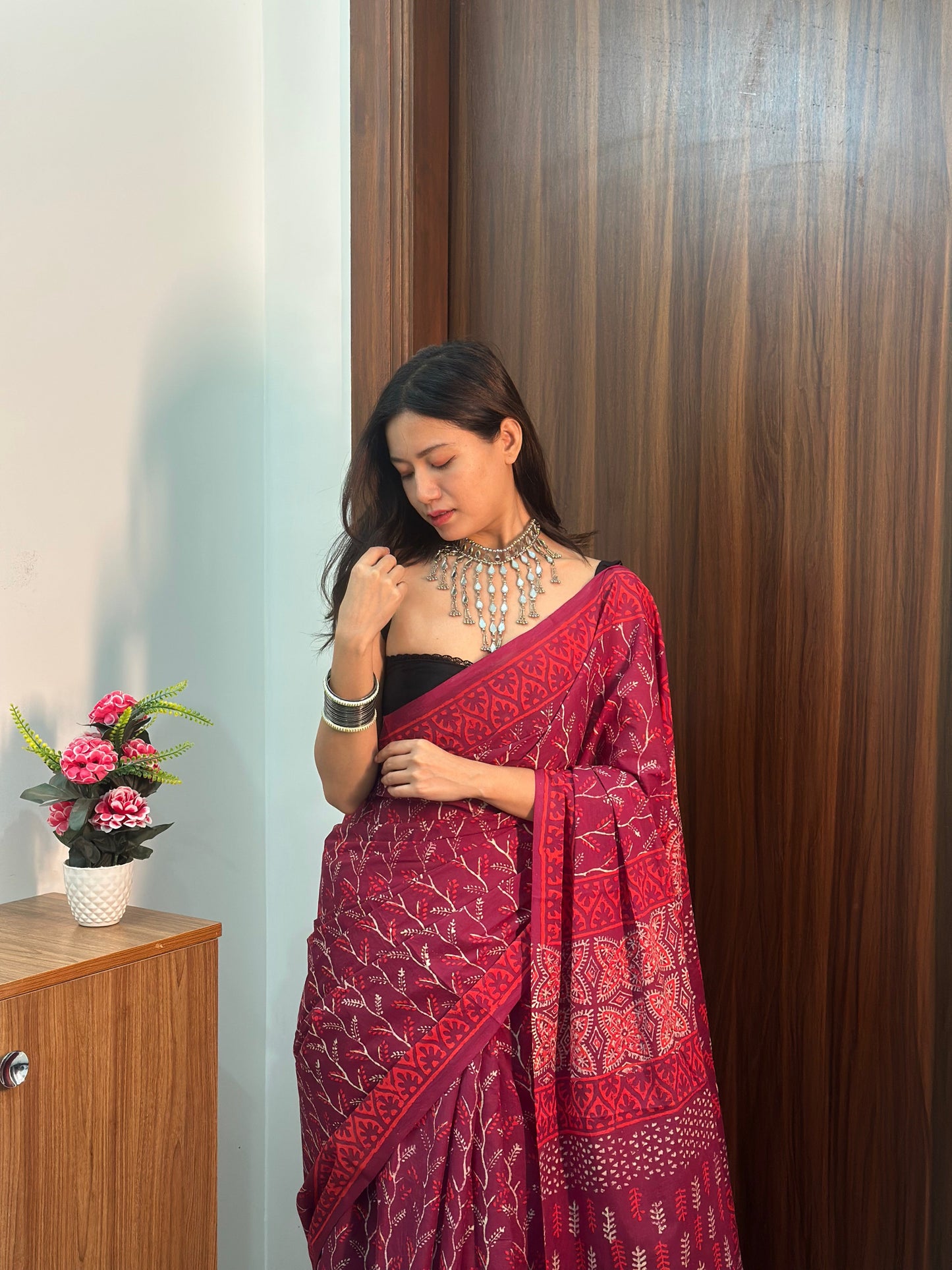 Mulberry Magic Purple & Maroon Floral Mulmul Saree