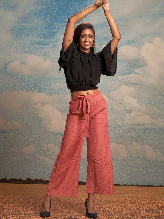 Black and Pink Checks Print Viscose Blend Straight Co-Ords Set