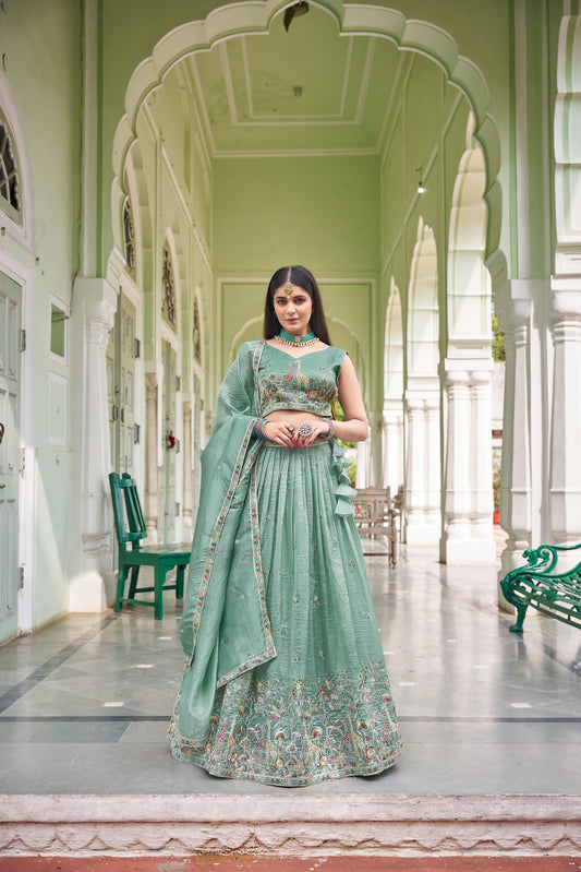 Sea Green Crush Silk Sequins Work Lehenga for Mehendi