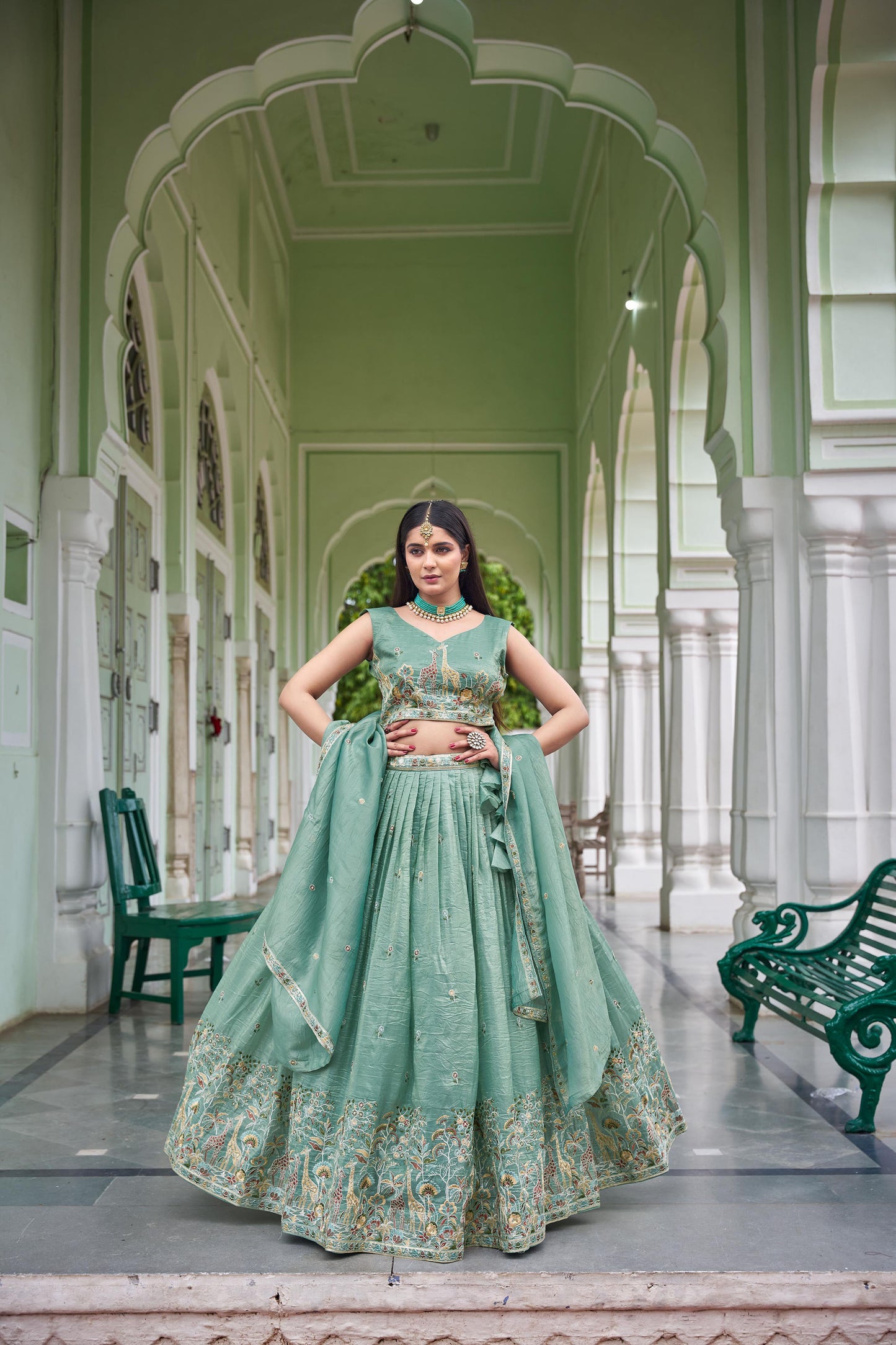 Sea Green Crush Silk Sequins Work Lehenga for Mehendi