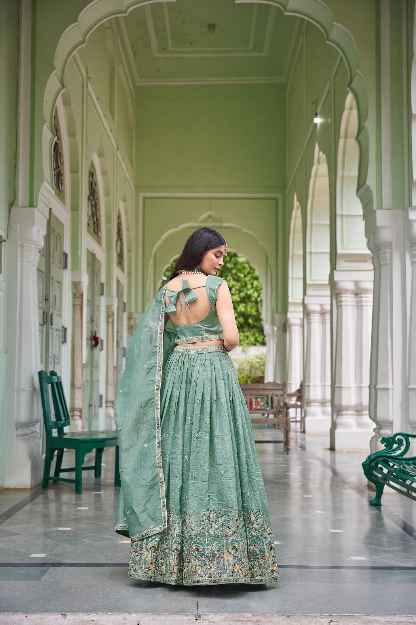 Sea Green Crush Silk Sequins Work Lehenga for Mehendi