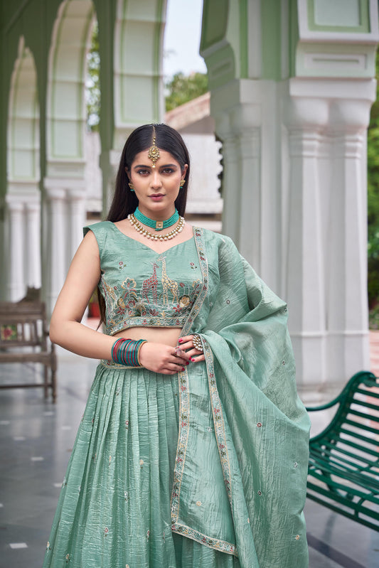 Sea Green Crush Silk Sequins Work Lehenga for Mehendi