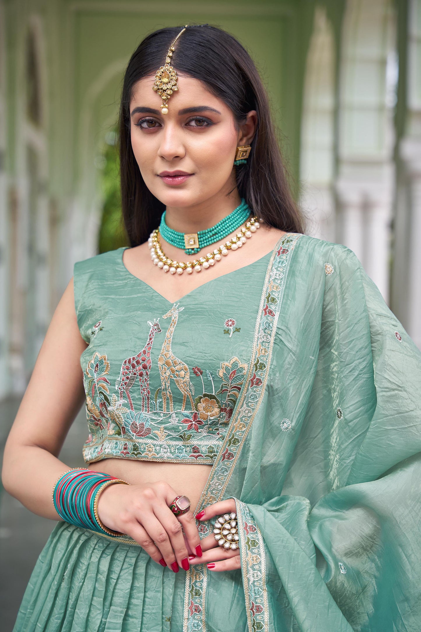 Sea Green Crush Silk Sequins Work Lehenga for Mehendi