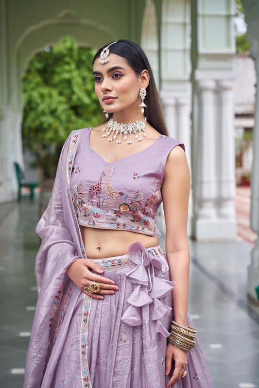 Lavender Crush Silk Sequins Work Wedding Guest Lehenga