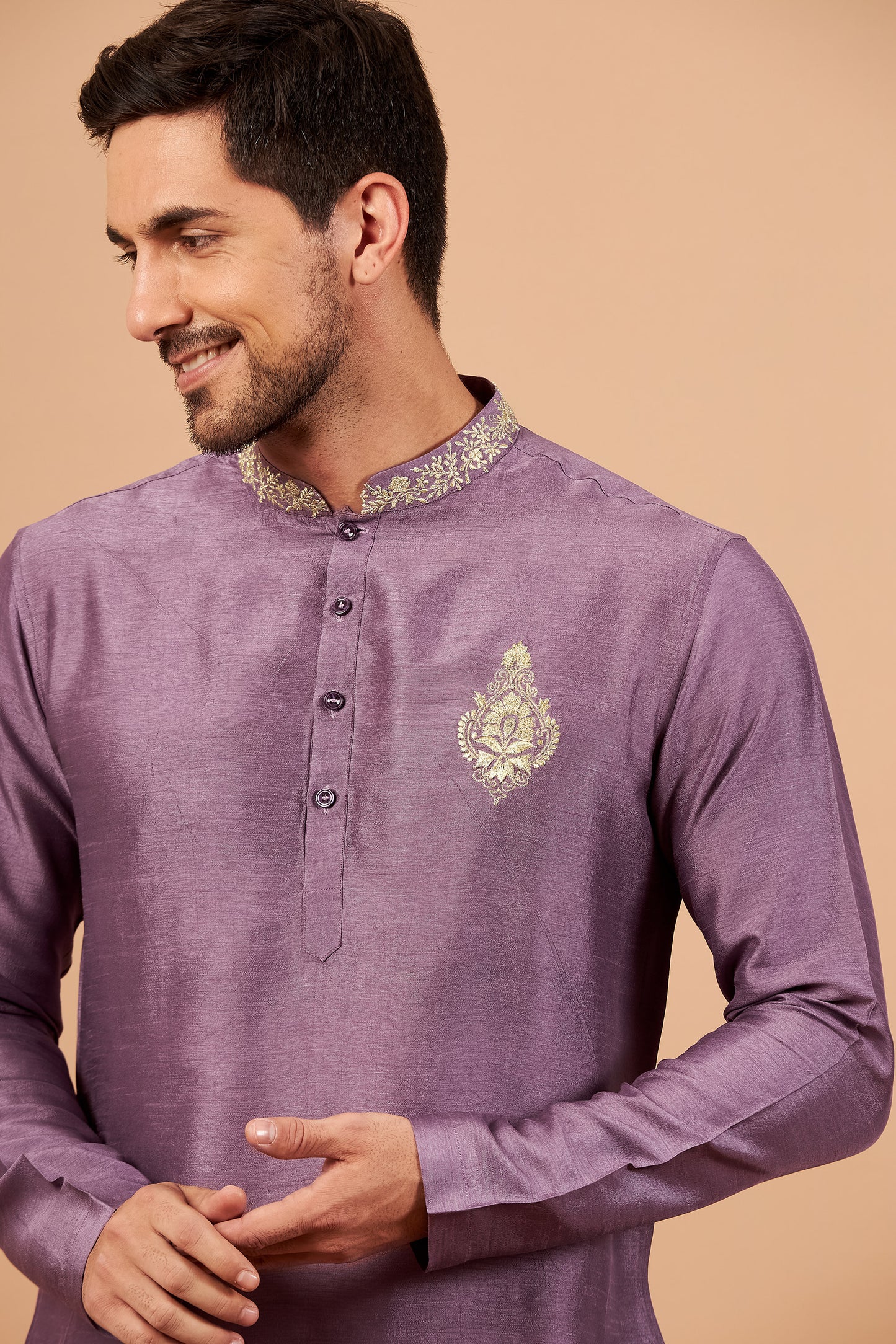Purple & Pink Semi Raw Silk Machine Embroidered Casual ( only Kurta )