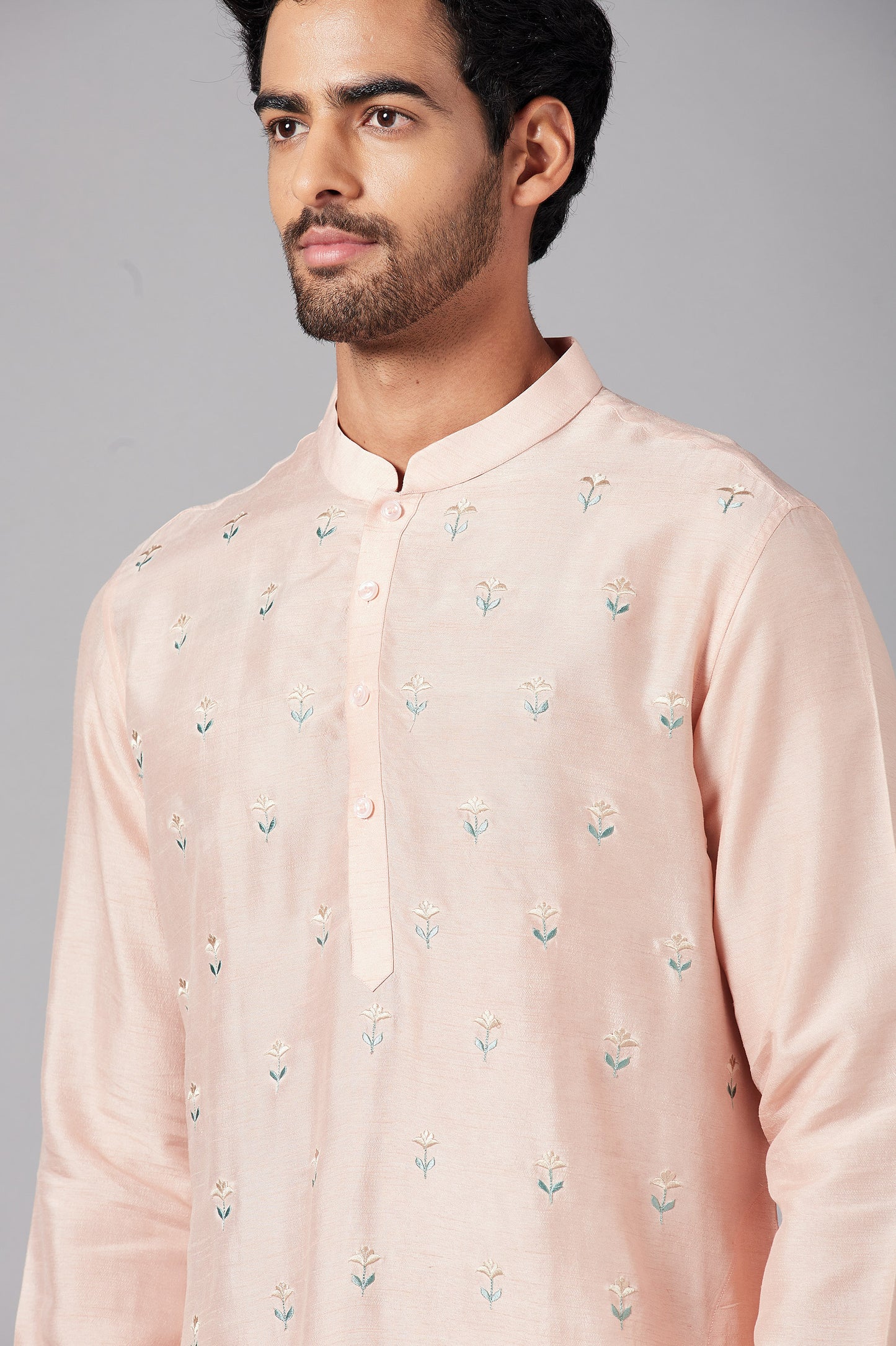 Peach Raw Silk Flower Embroidered Festive ( only Kurta )