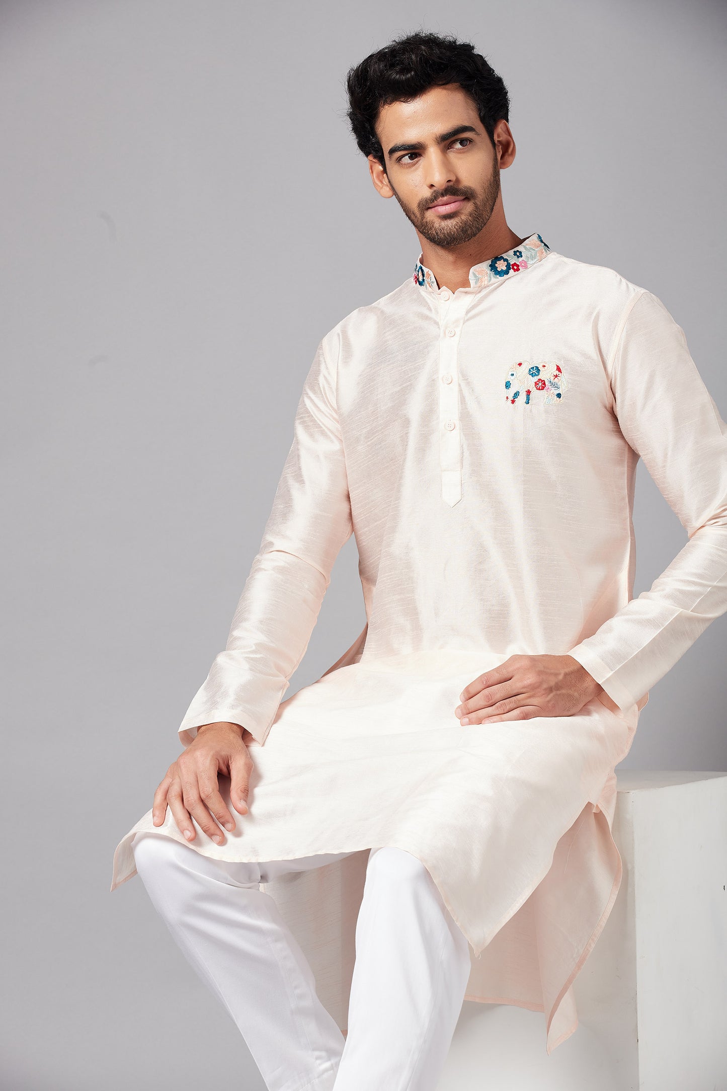 Peach Semi Raw Silk Machine Embroidery Festive ( only Kurta )