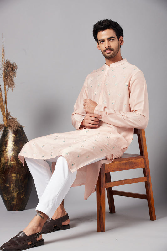 Peach Raw Silk Flower Embroidered Festive ( only Kurta )