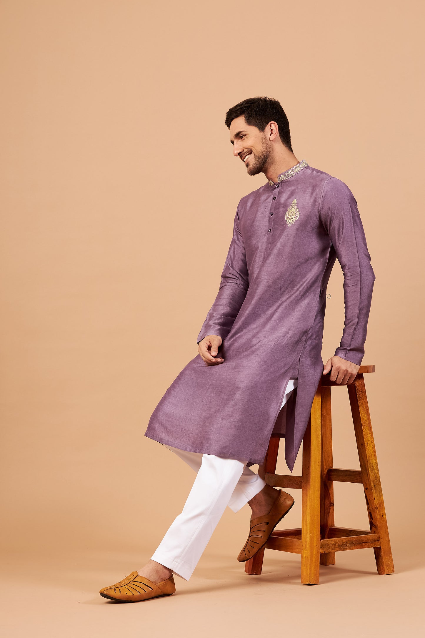 Purple & Pink Semi Raw Silk Machine Embroidered Casual ( only Kurta )
