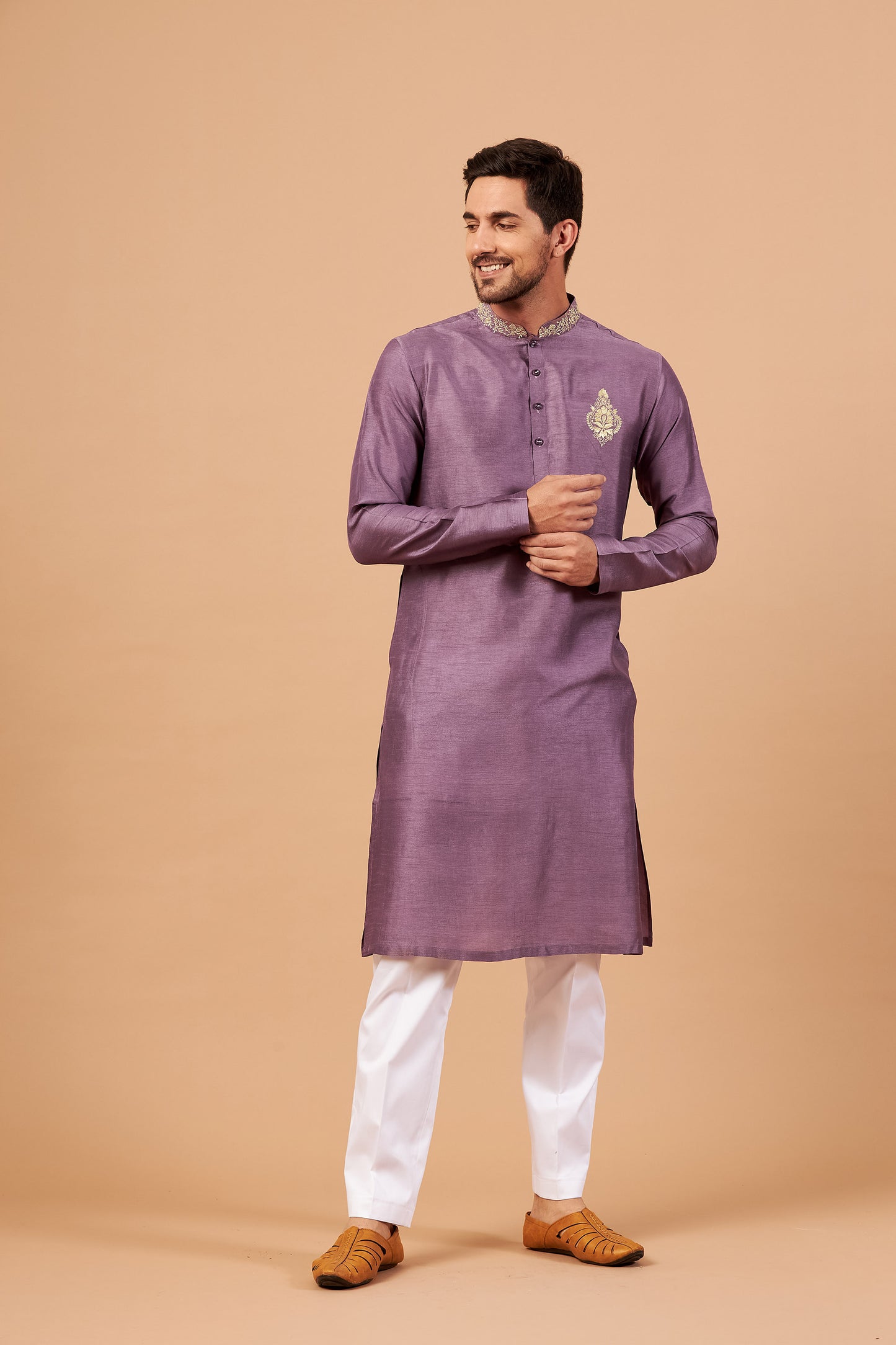 Purple & Pink Semi Raw Silk Machine Embroidered Casual ( only Kurta )