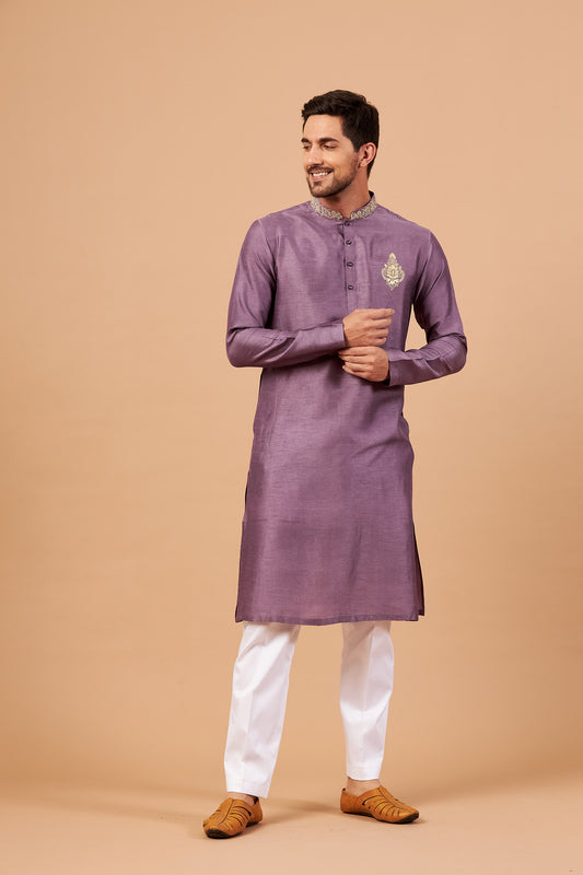 Purple & Pink Semi Raw Silk Machine Embroidered Casual ( only Kurta )