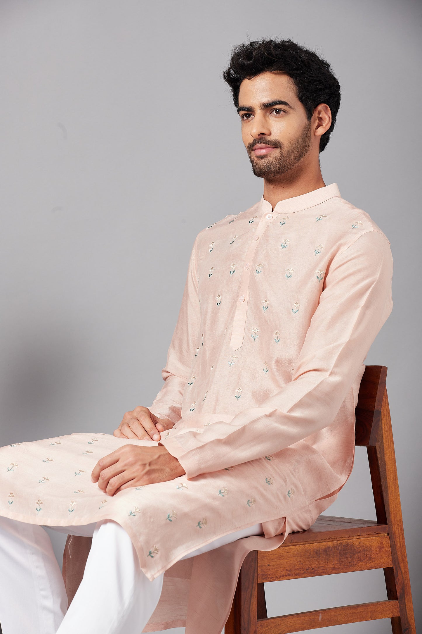 Peach Raw Silk Flower Embroidered Festive ( only Kurta )