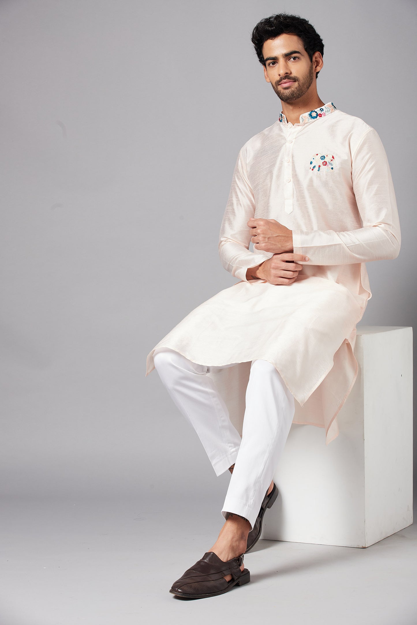 Peach Semi Raw Silk Machine Embroidery Festive ( only Kurta )