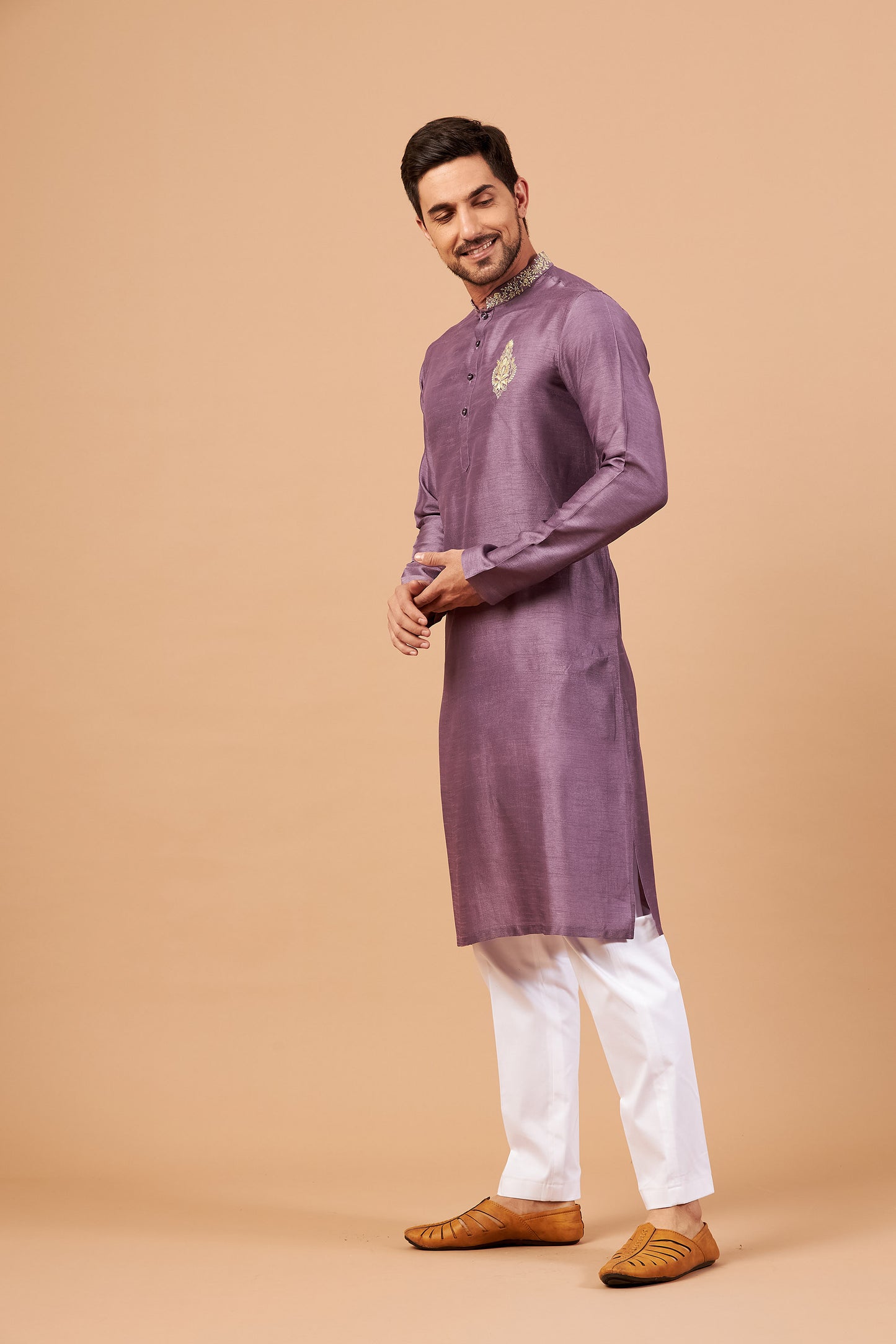 Purple & Pink Semi Raw Silk Machine Embroidered Casual ( only Kurta )