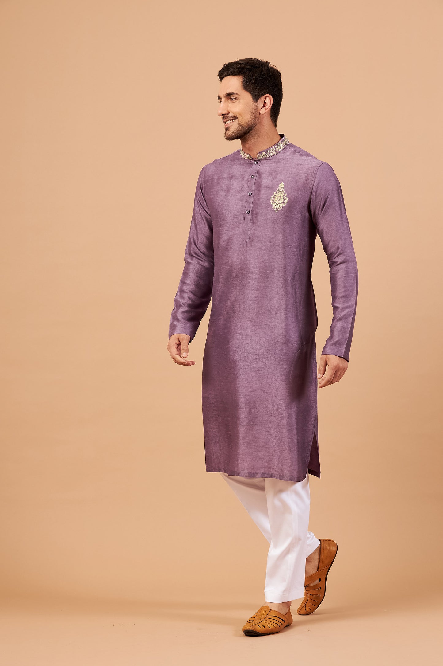 Purple & Pink Semi Raw Silk Machine Embroidered Casual ( only Kurta )