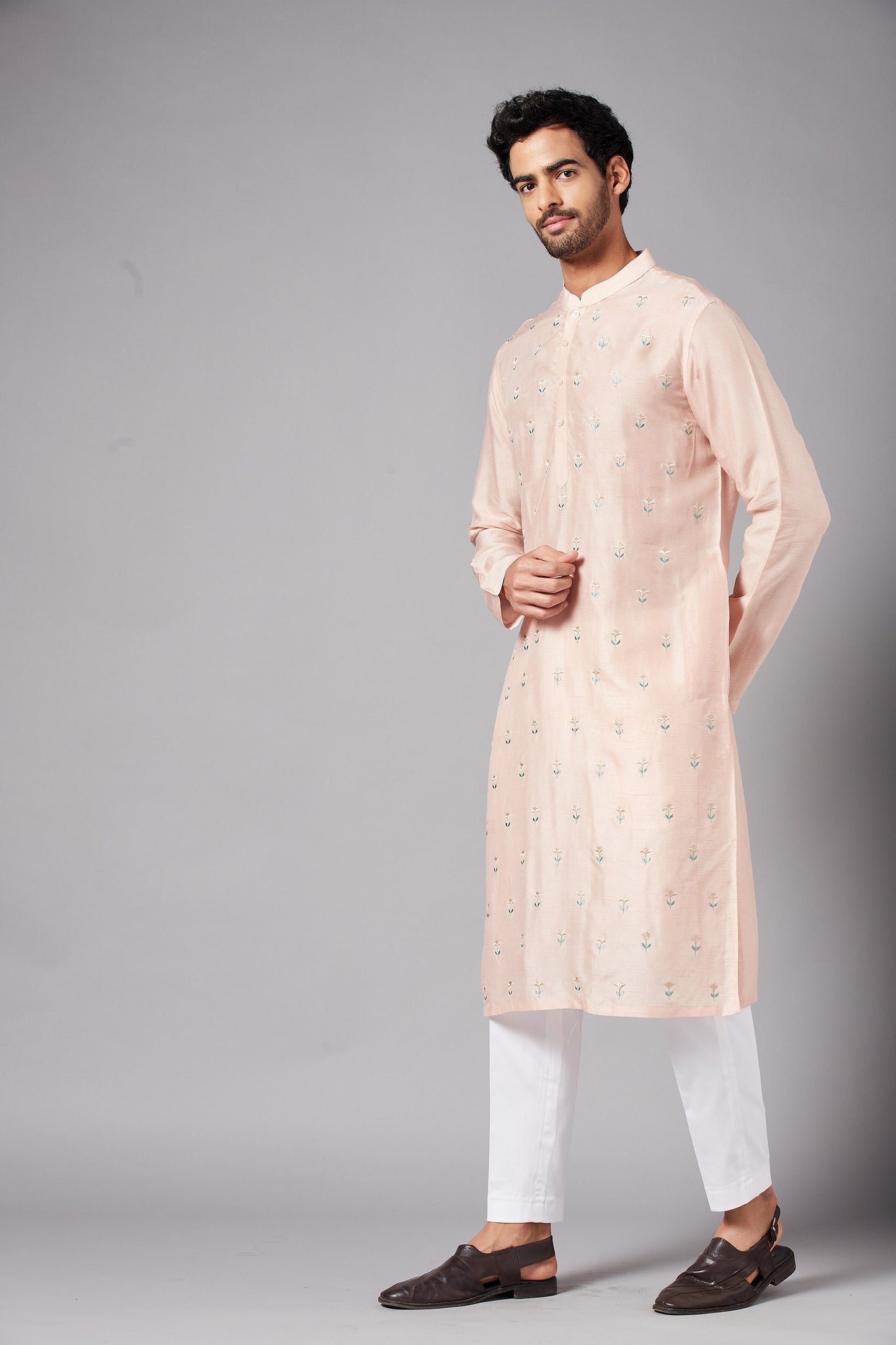 Peach Raw Silk Flower Embroidered Festive ( only Kurta )