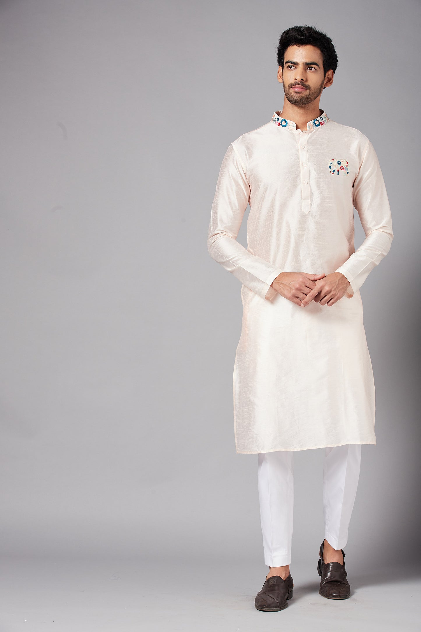 Peach Semi Raw Silk Machine Embroidery Festive ( only Kurta )