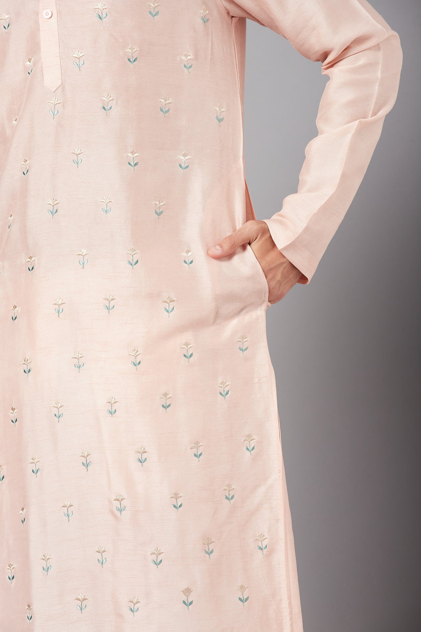 Peach Raw Silk Flower Embroidered Festive ( only Kurta )
