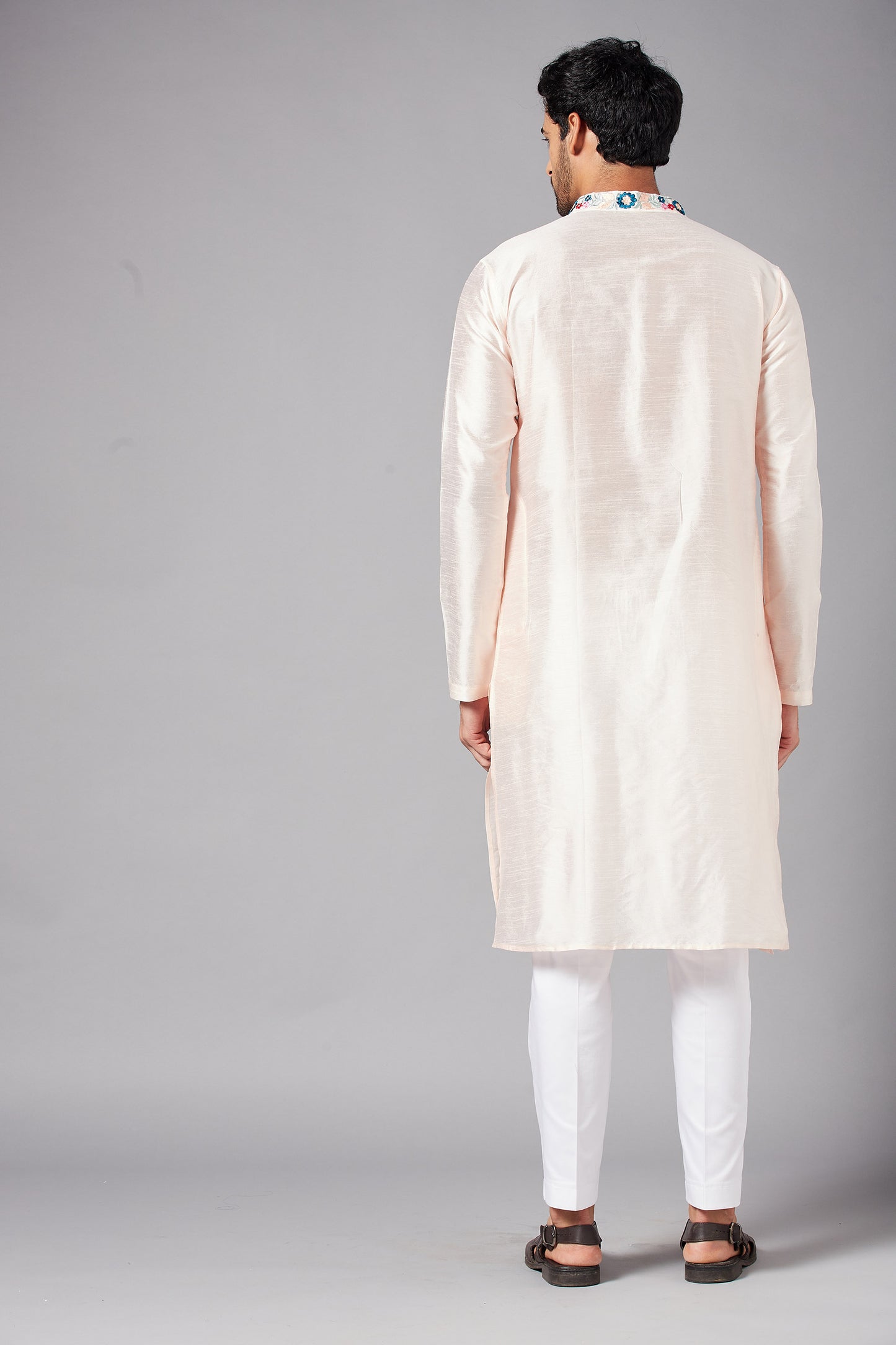 Peach Semi Raw Silk Machine Embroidery Festive ( only Kurta )