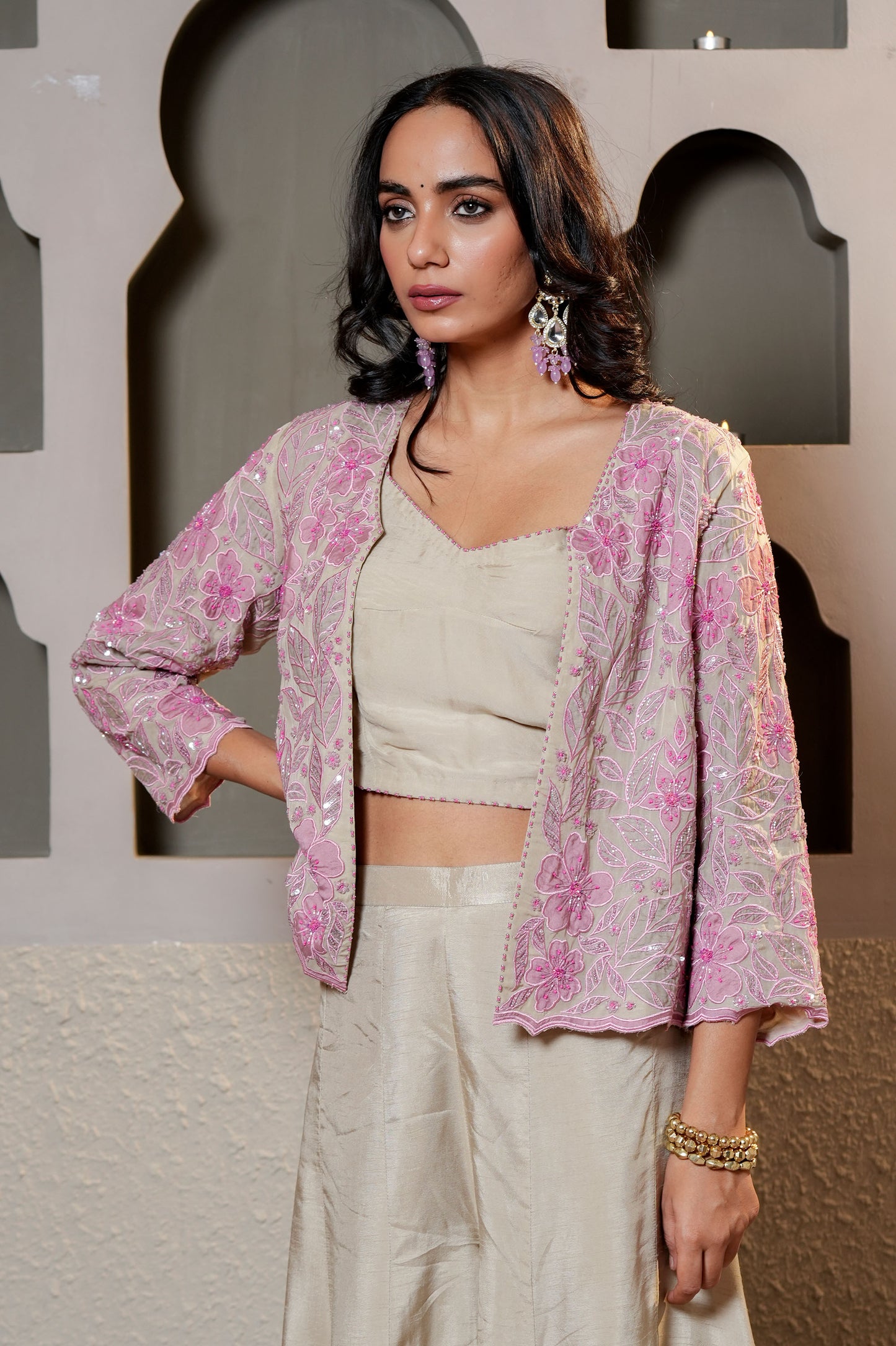 Pink & Grey Chanderi Sequins& Cut Dana Work Embroidery Suit Set