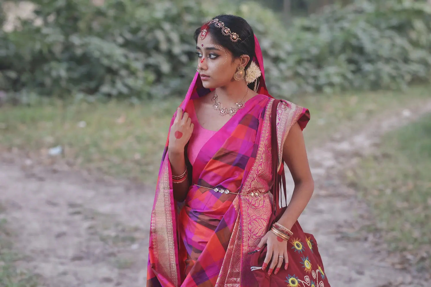 Handloom Pink Multi Colour Box Checks Pure Silk Banarasi Saree With Hot Pink Gold Zari Border