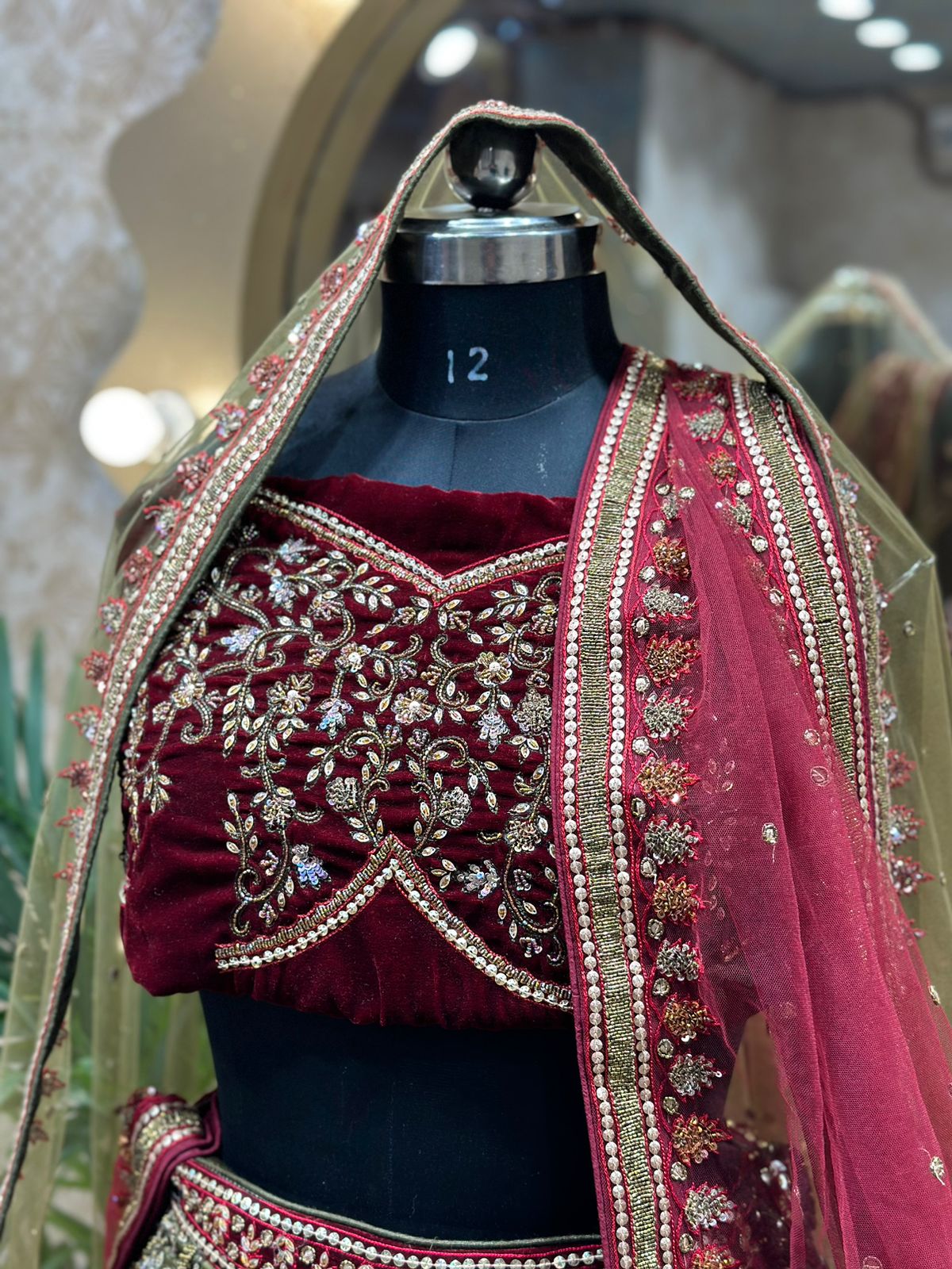 Crimson Red and Sea Green Micro Velvet Hand Embroidered Bridal Lehenga