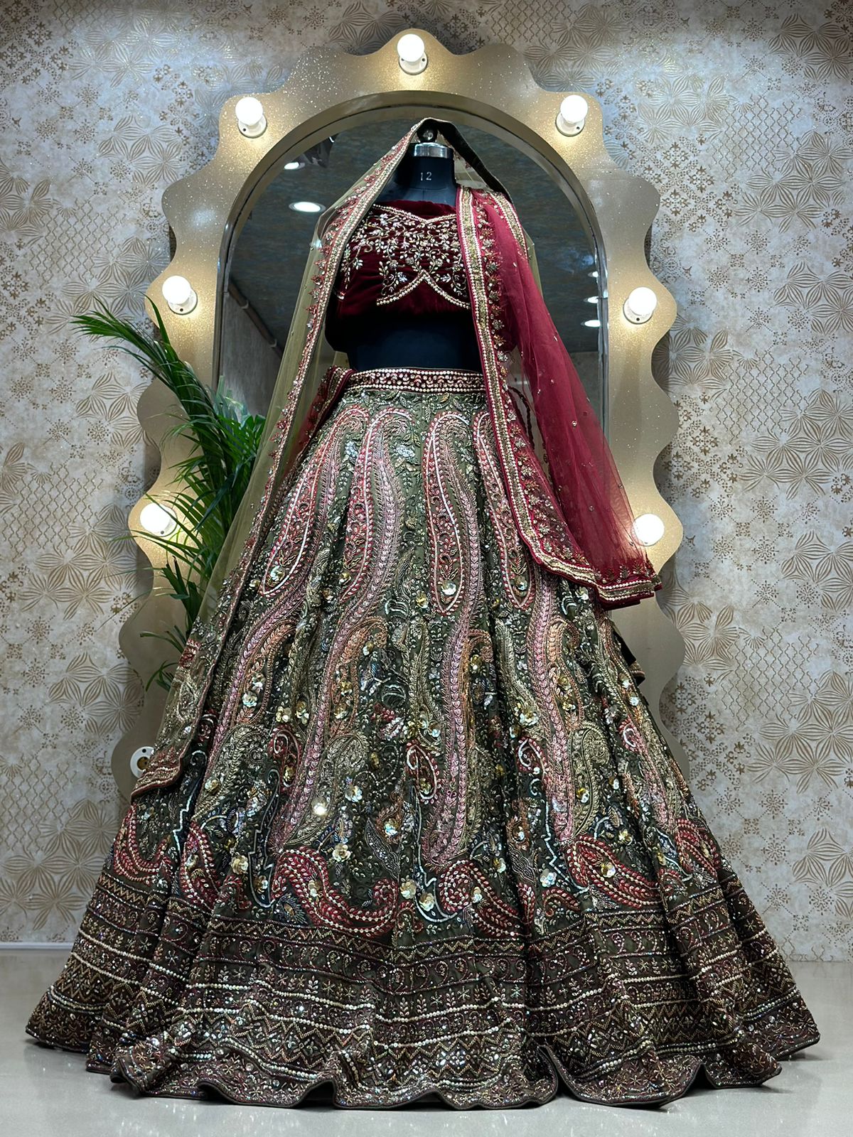 Crimson Red and Sea Green Micro Velvet Hand Embroidered Bridal Lehenga