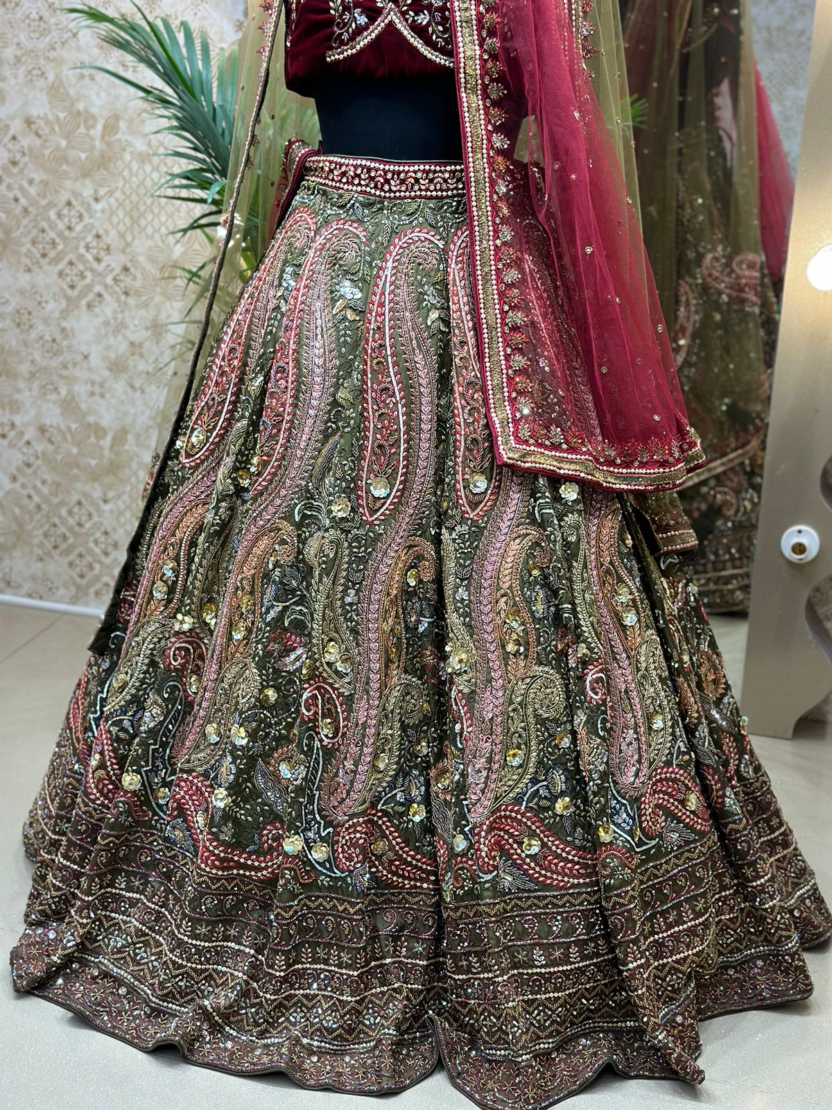 Crimson Red and Sea Green Micro Velvet Hand Embroidered Bridal Lehenga