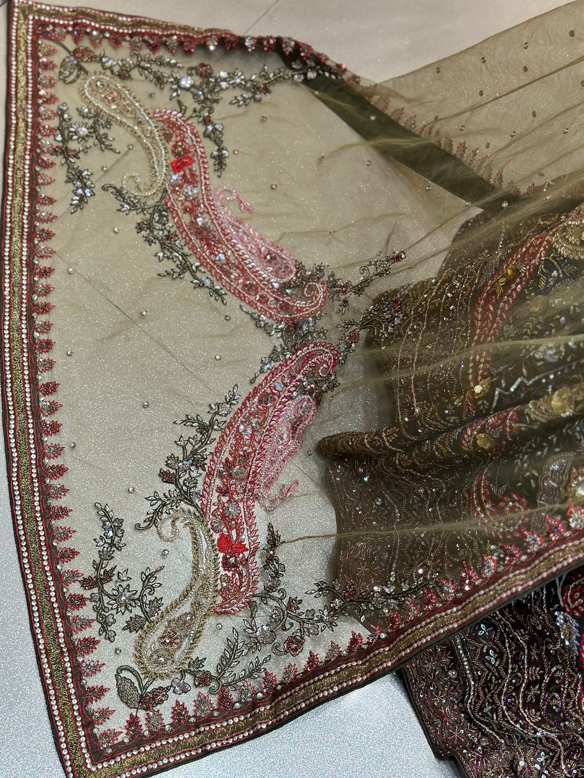 Crimson Red and Sea Green Micro Velvet Hand Embroidered Bridal Lehenga