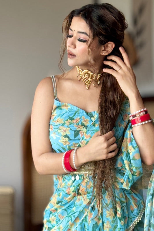 Bahaara Blue Chiffon Floral Print Festive Draped Saree