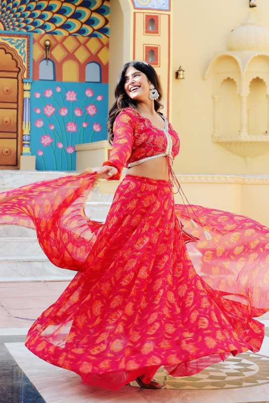 Mannat Red Chiffon Floral Print Lehenga Set