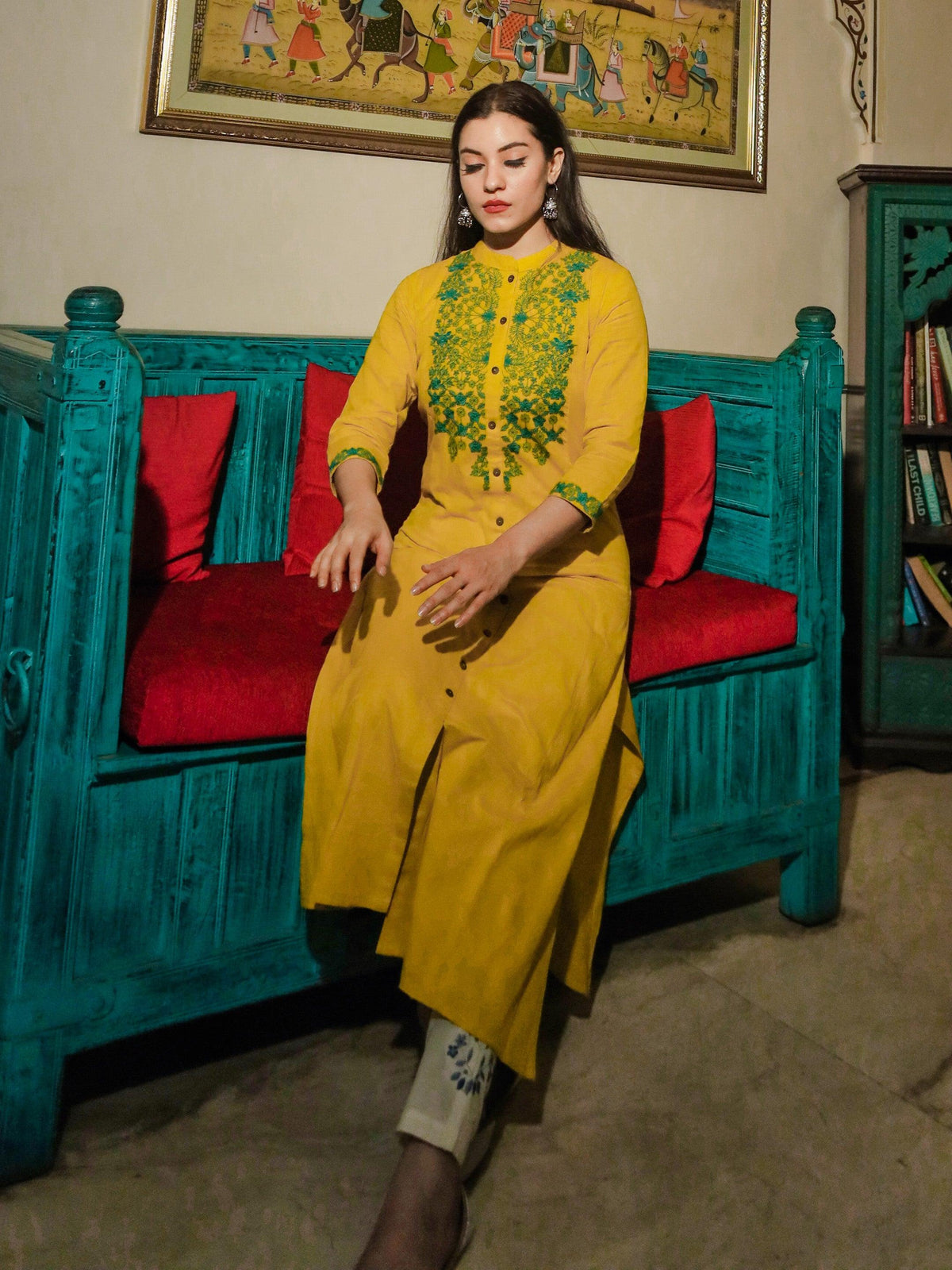  Women's Yellow Regular A-Line Calf Long Kurta - world.com