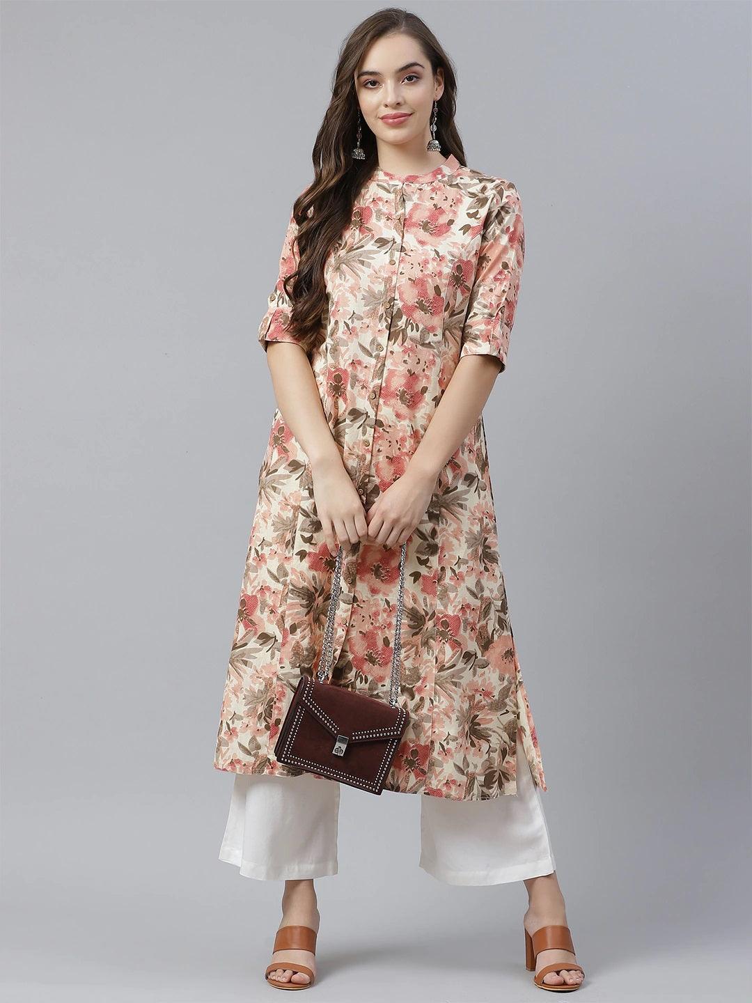  Cream Cotton Floral Print Kurta 