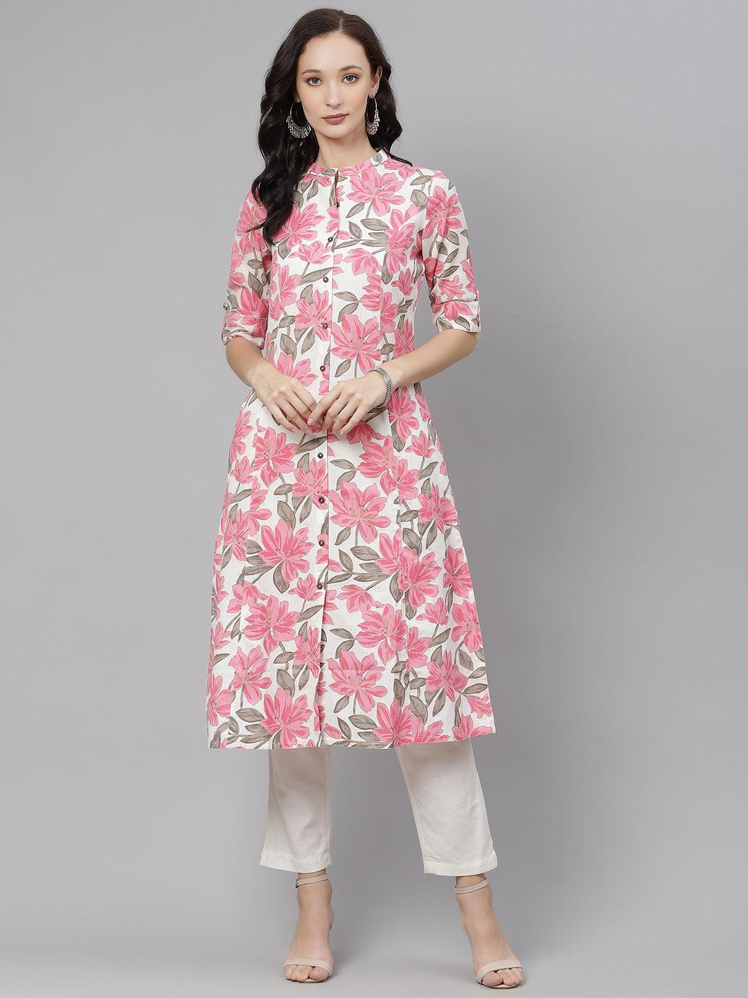  White Floral Print Cotton Kurta 