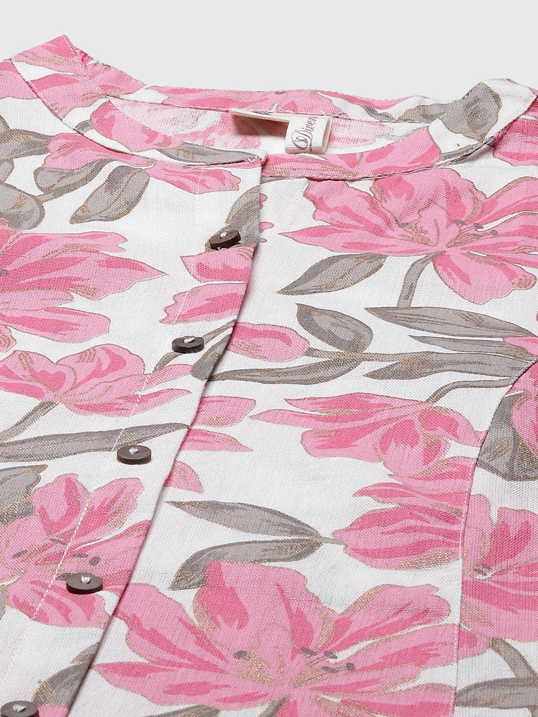  White Floral Print Cotton Kurta 