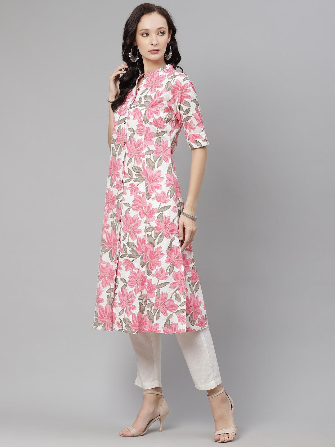  White Floral Print Cotton Kurta 
