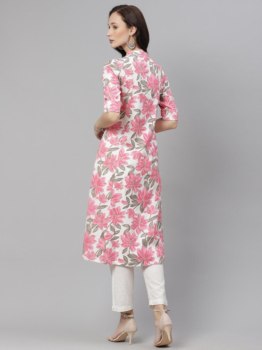  White Floral Print Cotton Kurta 
