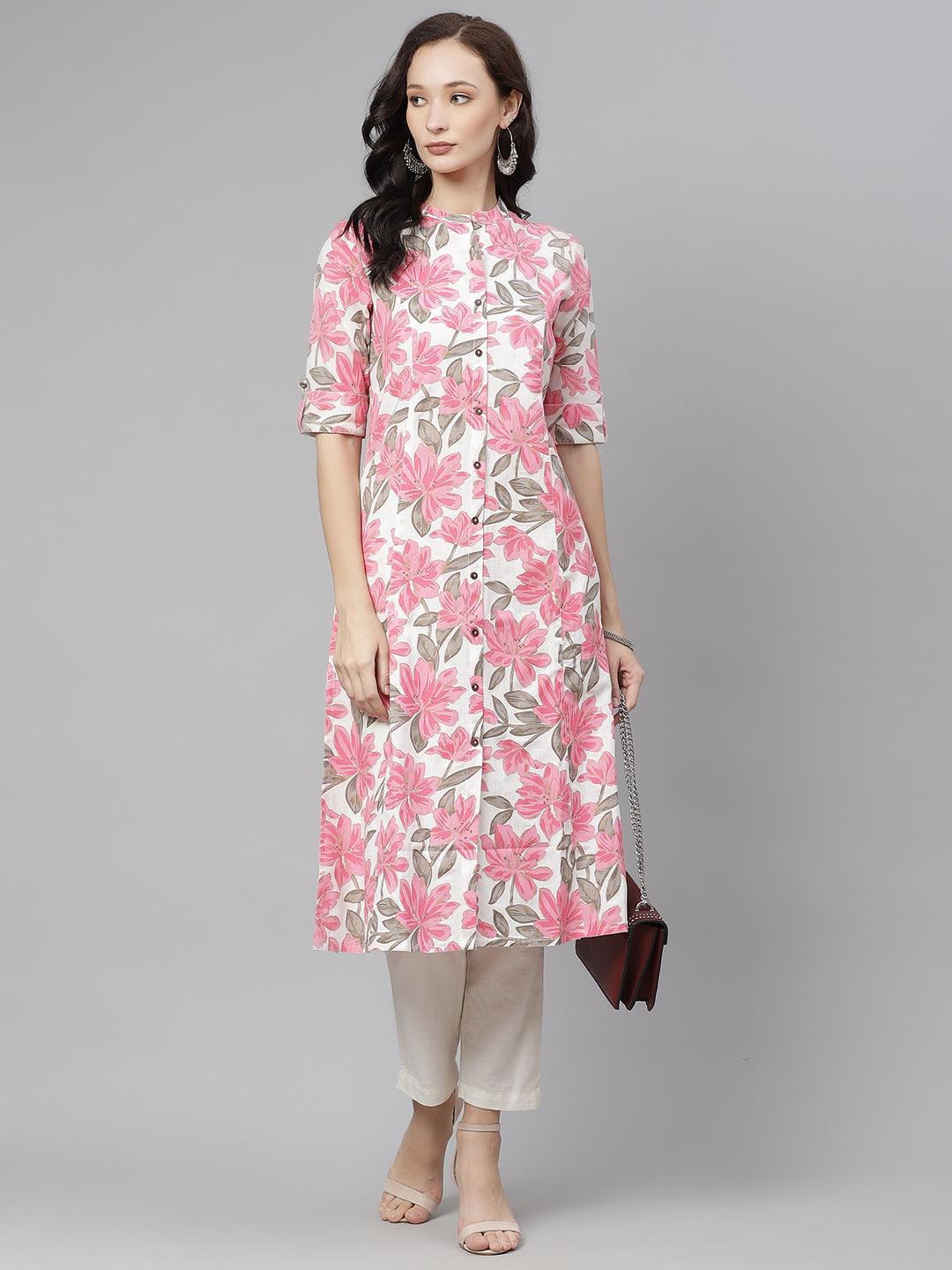  White Floral Print Cotton Kurta 