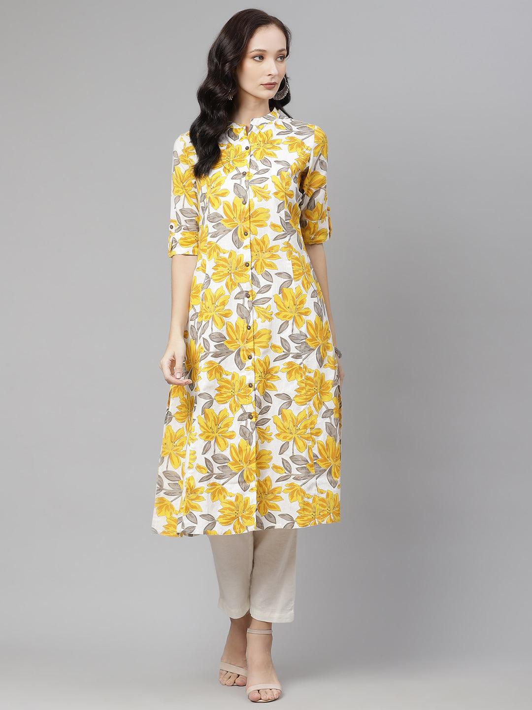  Yellow Floral Print Pure Cotton A-line Kurta 