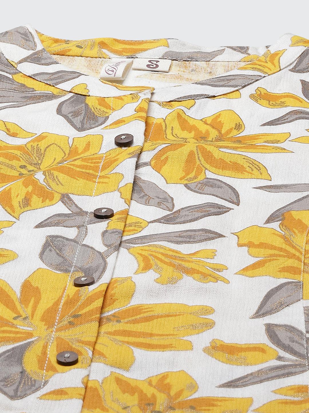  Yellow Floral Print Pure Cotton A-line Kurta 