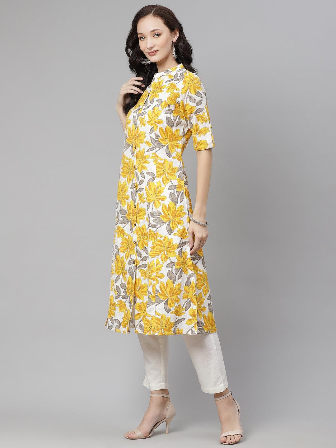  Yellow Floral Print Pure Cotton A-line Kurta 