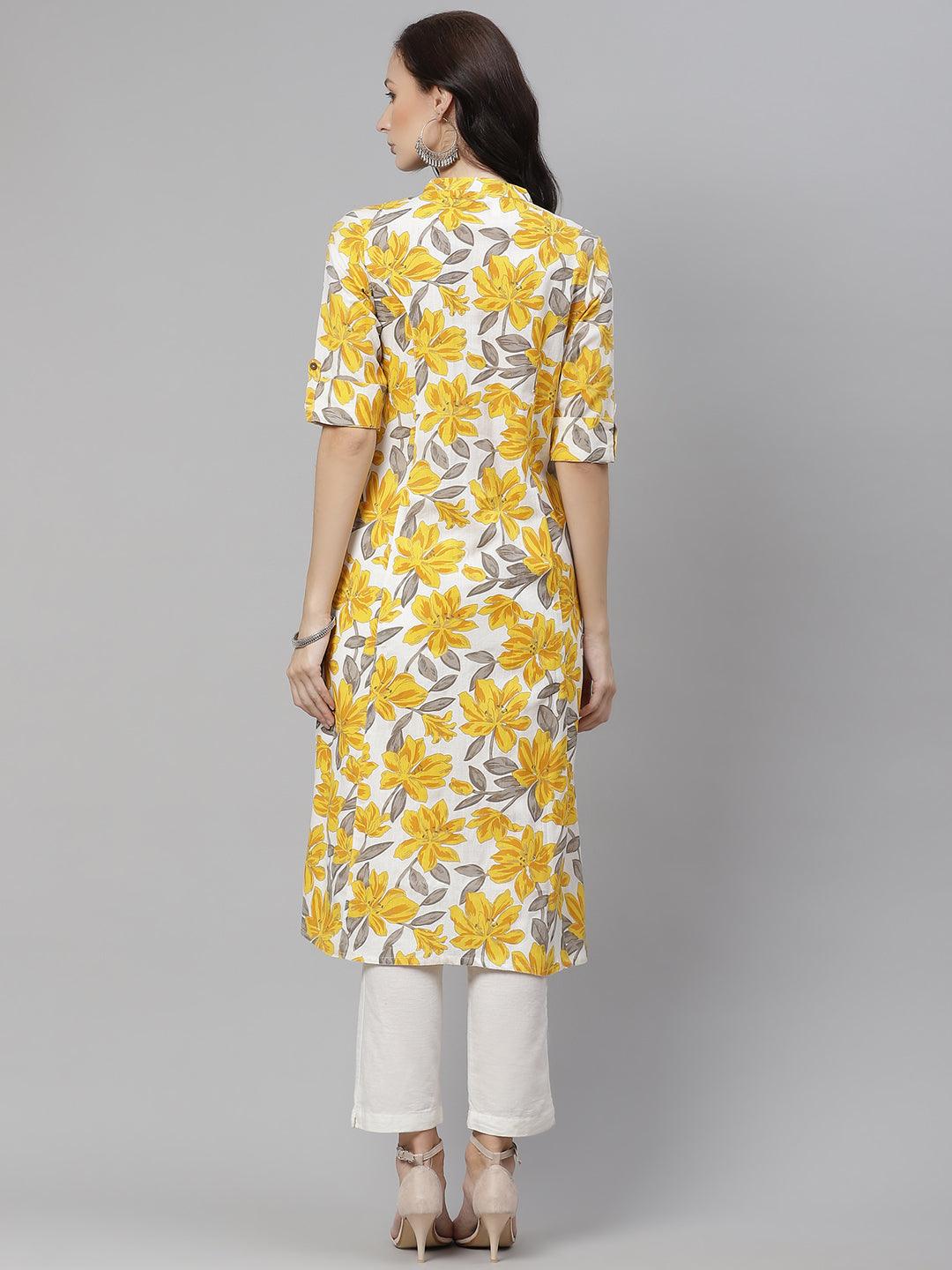  Yellow Floral Print Pure Cotton A-line Kurta 