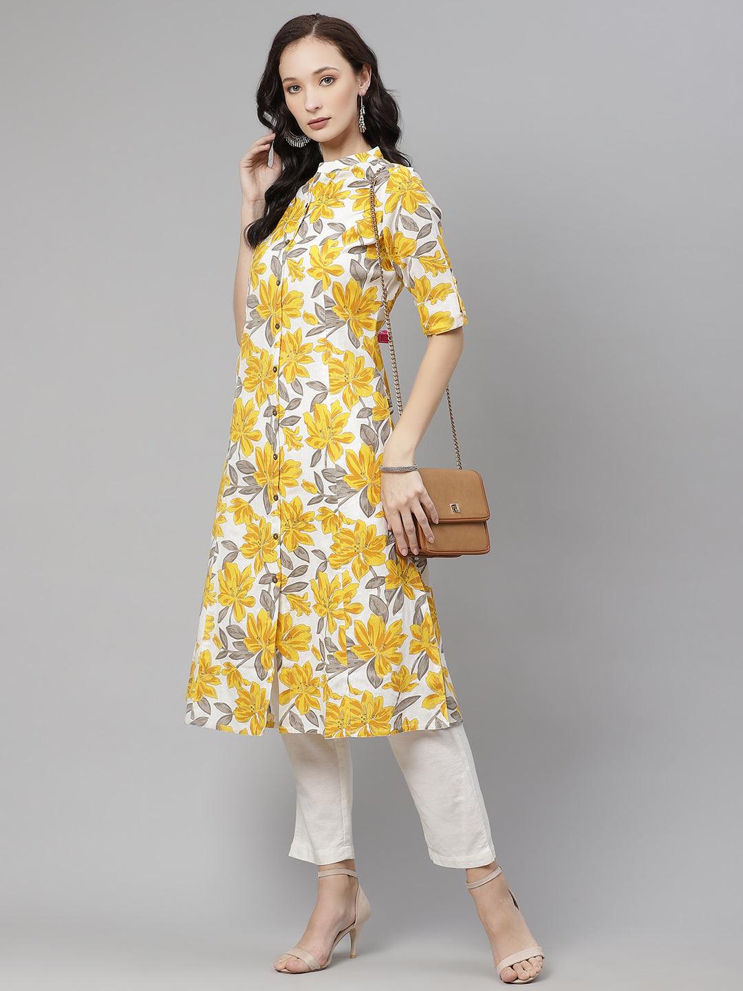  Yellow Floral Print Pure Cotton A-line Kurta 