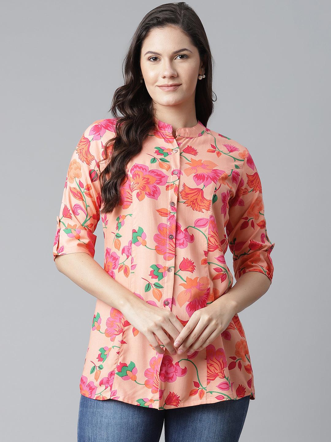  Rayon Peach Floral Print Shirt Style A-Line Top 